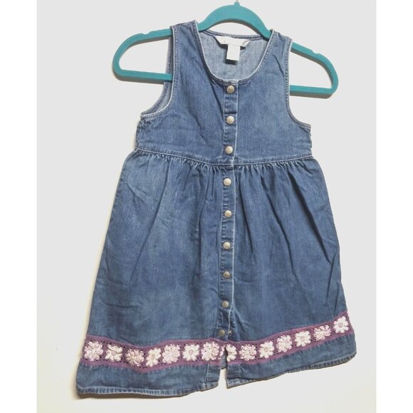 VTG Denim Dress Jumper Girls Sz L crochet floral lace button front fit flare EUC - Picture 2 of 12